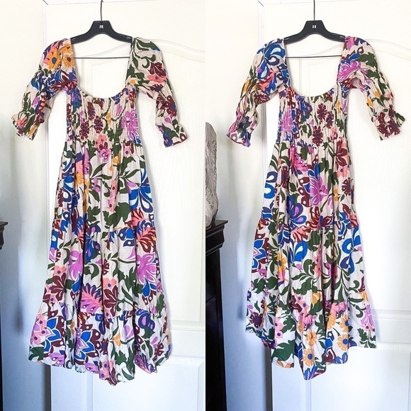 Misa Dress Yolanda Linen Smocked Ruffle Midi Summer Wedding Casita Flora M EUC - Picture 2 of 7